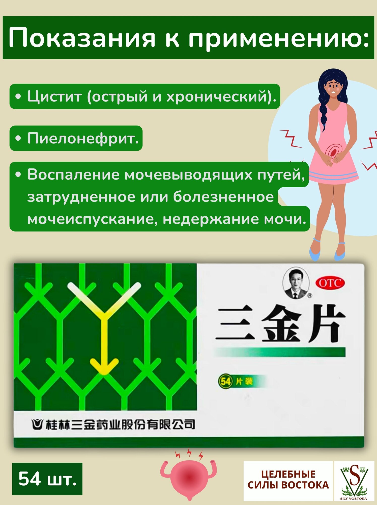 Препараты От Инфекций Мочевыводящих Путей Таблетки от цистита, пиелонефрита и инфекций мочеполовой системы. Три золотые таблетки "Сань Цзинь Пянь" 54 шт.