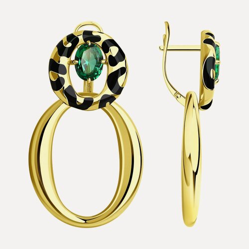 Изображение товара Серьги трансформеры, серебро, 925 проба, золочение, эмаль, изумруд синтетический