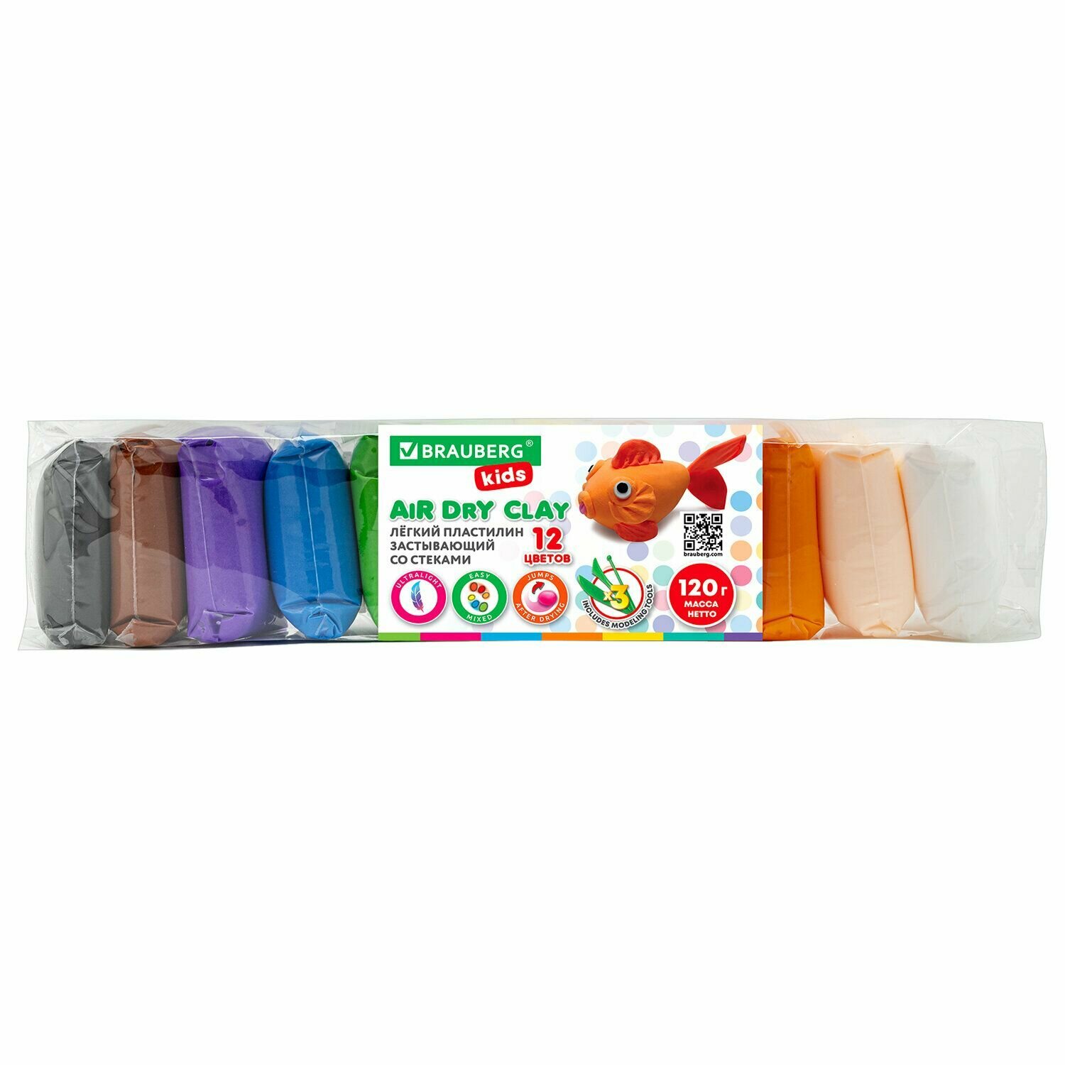 Воздушный пластилин Brauberg супер легкий, застывающий, 12 цветов, 120 г, 3 стека, Kids (106306)
