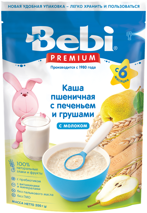Каша Bebi молочная пшеничная с печеньем и грушами, с 6 месяцев, 200 г