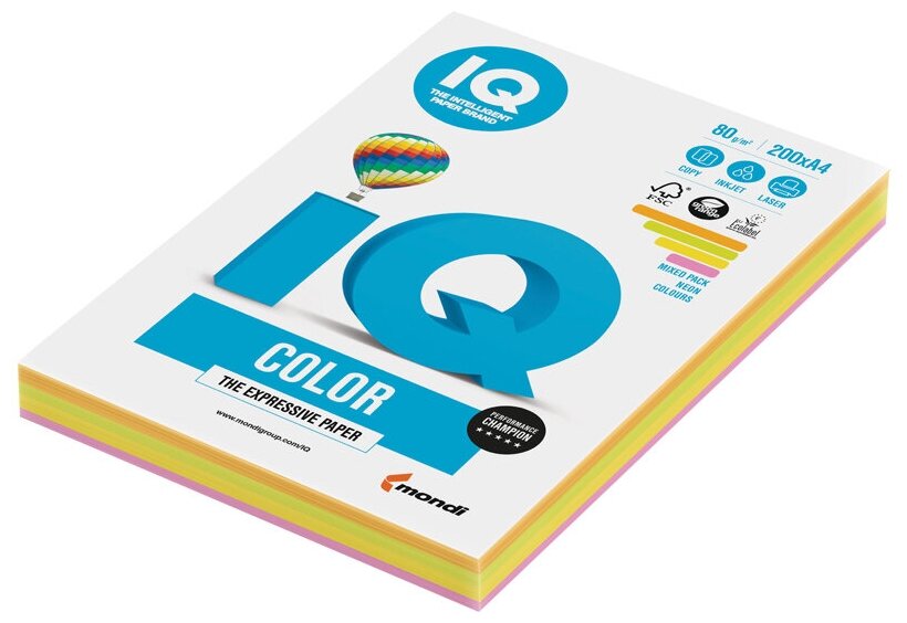 Бумага IQ "Color Neon Mixed Packs" А4, 80г/м2, 200л. (4 цвета)