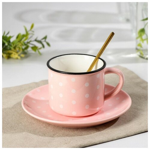 Чайная пара «Горошек», чашка 220 мл, блюдце d=15 см, ложка, цвет розовый