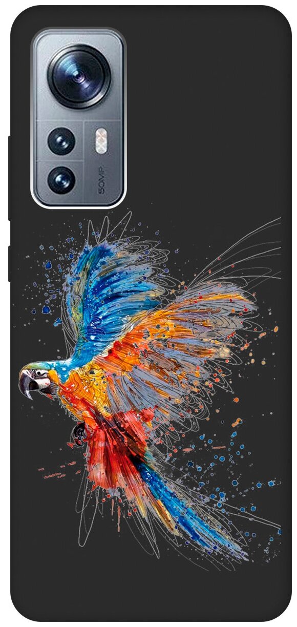 Матовый Soft Touch силиконовый чехол на Xiaomi 12, 12X, Сяоми 12, 12Х с 3D принтом "Colorful Parrot" черный