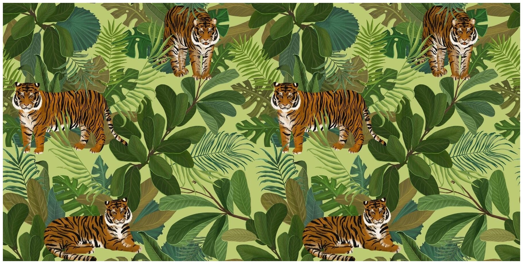 Флизелиновые фотообои Уютная стена "Тигры в джунглях на светлом" 540х270 см с текстурой Песок