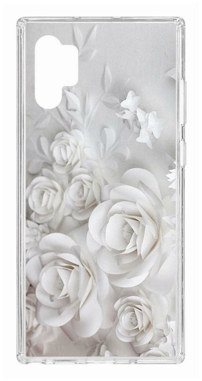 Чехол для Samsung Galaxy Note 10 Plus Kruche Print White roses, пластиковая накладка, силиконовый бампер с защитой камеры, защитный прозрачный с рисунком