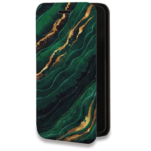 Дизайнерский горизонтальный чехол-книжка для Айфон XR / Iphone Xr Мрамор зеленое золото