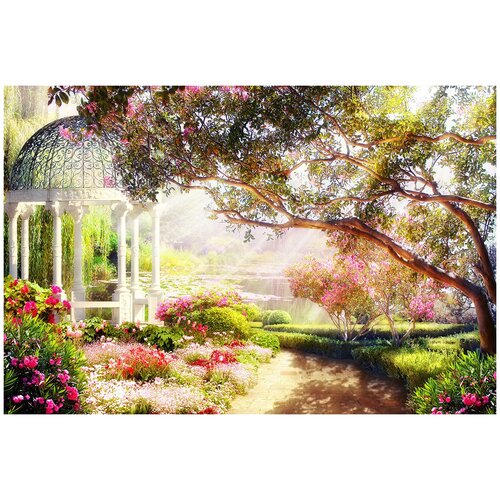 Фотообои Уютная стена Беседка в цветущем саду у пруда 410х270 см Бесшовные Премиум (единым полотном)