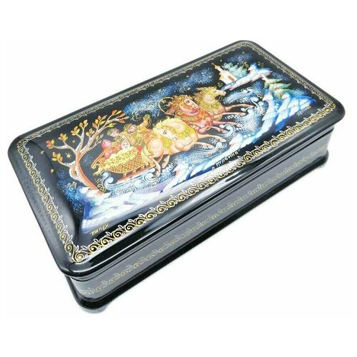 Шкатулка лаковая Зимняя тройка Палех 18х10 см 7500₽