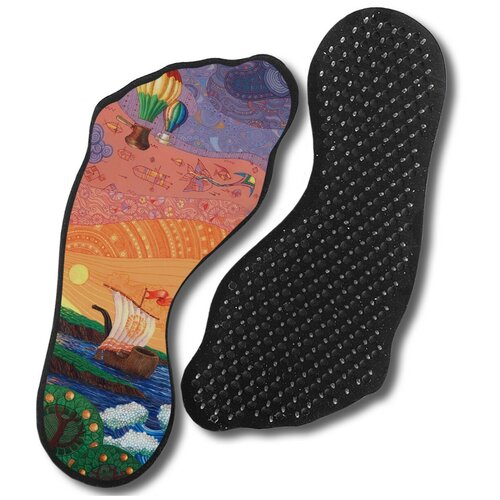 фото Доска с гвоздями садху для йоги с уф печатью, форма стопы (ноги), фэнтези пейзаж море корабль - 70, шаг 10мм чакра