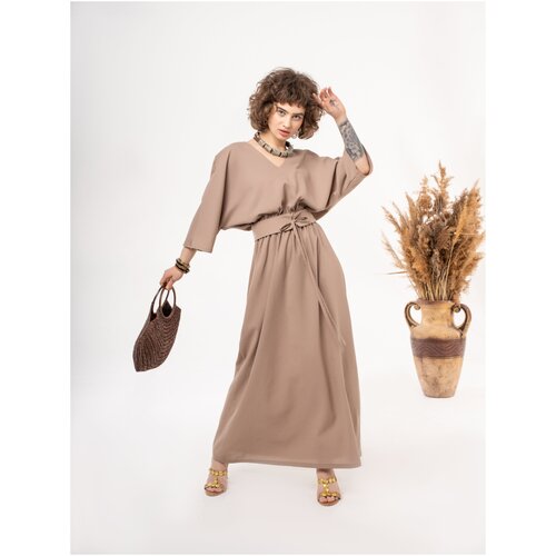 фото Стильное и легкое льняное платье макси с поясом, рукавами и v-образным вырезом zone16