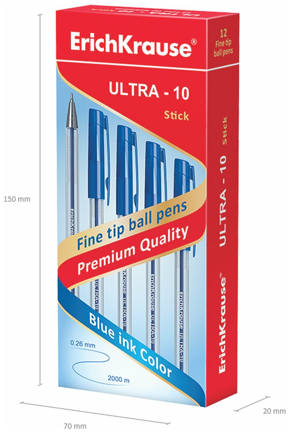 Ручка шариковая масляная ERICH KRAUSE "Ultra-10", синяя, корпус прозрачный, узел 0,7 мм, линия письма 0,26 мм, 13873 (12 штуки)
