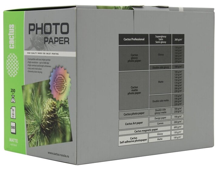 Фотобумага Cactus CS-MA6200500 10x15/200г/м2/500л/белый матовое для струйной печати