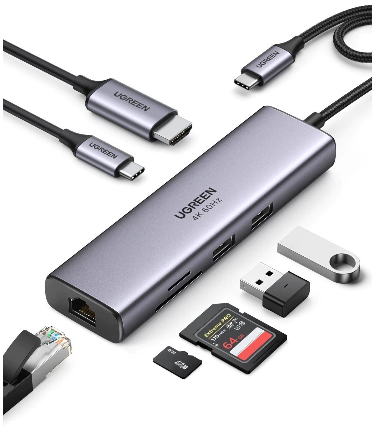 Концентратор Ugreen 60515 USB-C 7 в 1 HDMI, RJ45, SD, TF, 2x USB 3.0