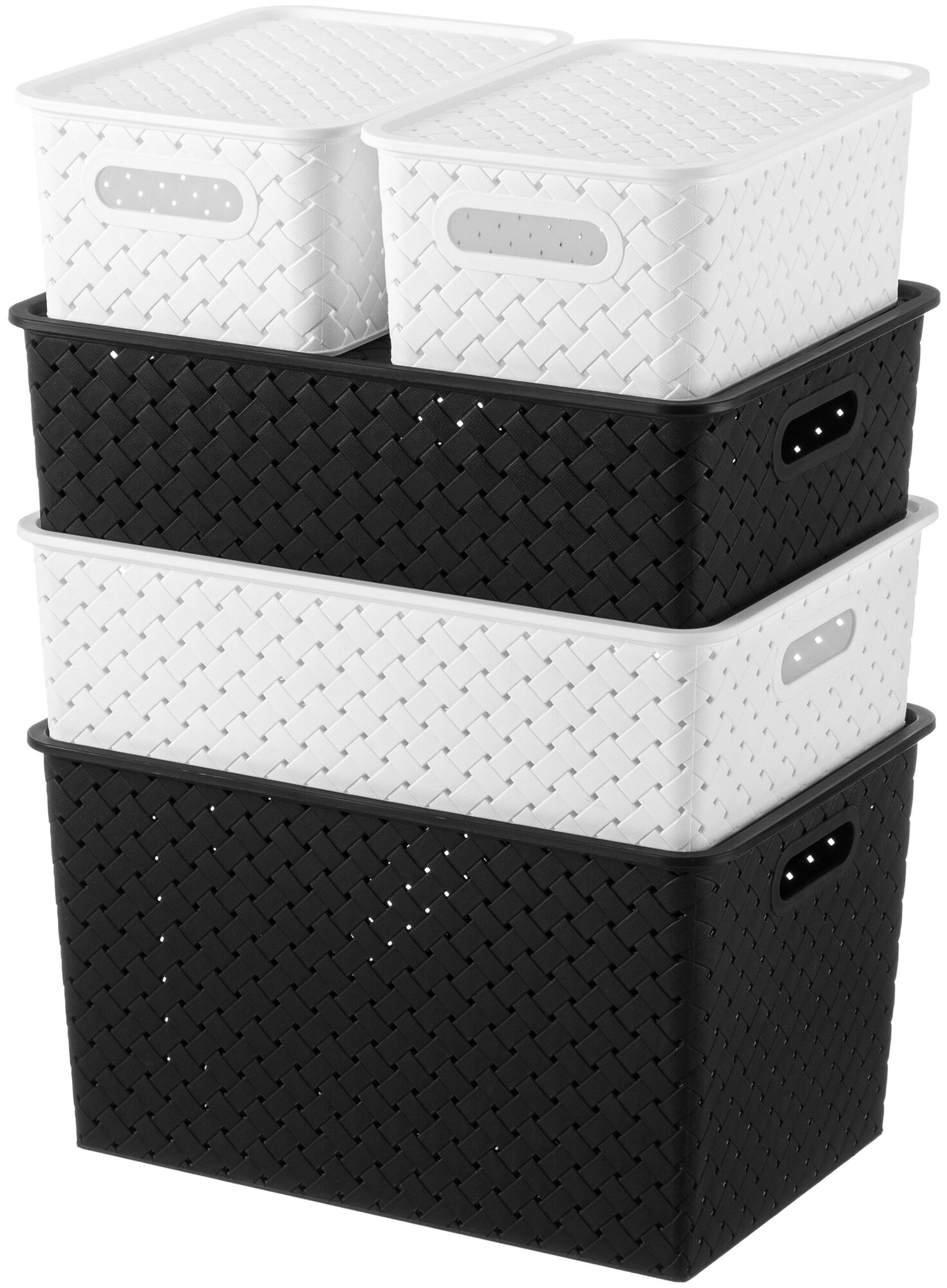 Корзинка / коробка для хранения с крышкой 5 шт Береста 3 л (2шт), 7,5 л (2 шт), 14 л EL Casa, цвет черный и белый, набор - фотография № 2