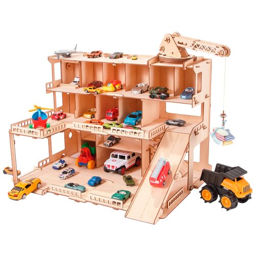 фото Детская многоуровневая игрушечная парковка для машинок деревянная . модель для сборки, гараж - с лифтом и краном pollika