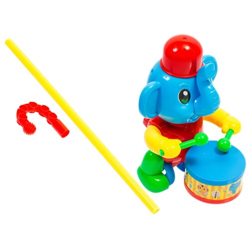 Каталка слон с барабаном на палке / Животное каталка детская с ручкой / игрушка каталка
