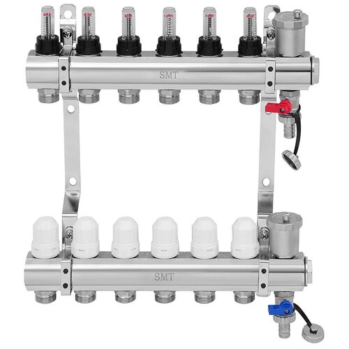 Коллектор латунь в сборе 6 контура 13/4 для теплого пола с расходомерами GIDROFORCE (GFA201N0010/6)