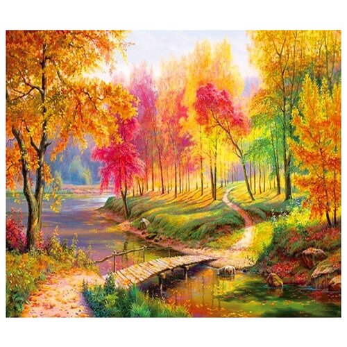 Алмазная вышивка New World «Деревянный мостик в золотистом осеннем лесу»