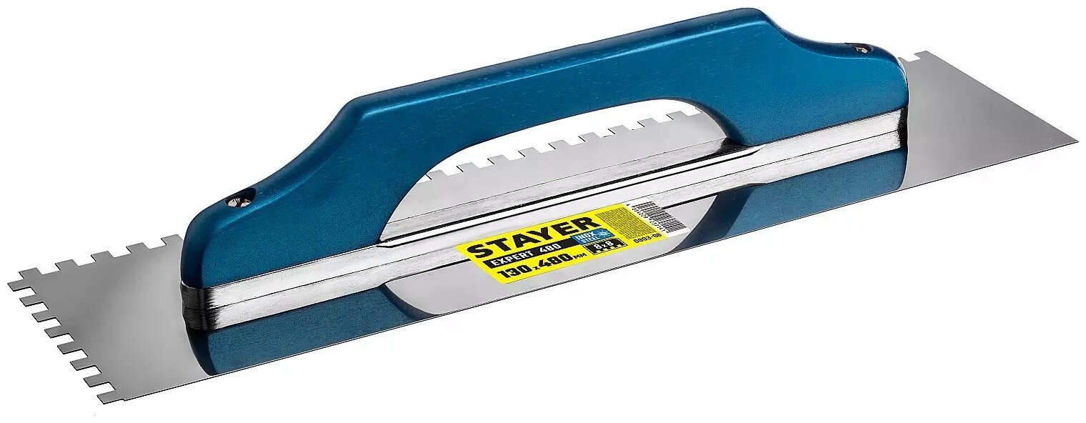 фото 0803-08 STAYER Eхpert 480 130х480мм. 8х8 мм. гладилка "Швейцарская" нержавеющая с пластиковой ручкой. зубчатая