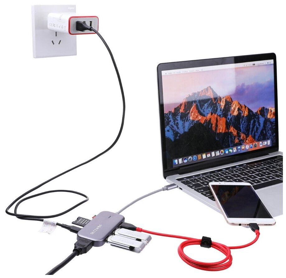 Хаб BlitzWolf BW-TH5 7 in 1 USB-C Data Hub with 3-Port USB 3.0 TF Card Reader, HDMI, USB-C PD Charging Silver