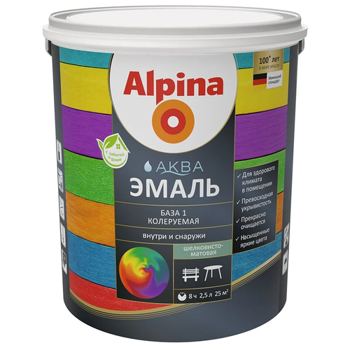 Эмаль Alpina Аква Эмаль шелковисто-матовая База 1, База 1, полуматовая, белый, 3.36 кг, 2.5 л
