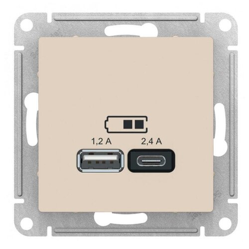 Механизм розетки USB AtlasDesign A+С 5В/2.4А 2х5В/1.2А беж. | код ATN000239 | Schneider Electric (2шт. в упак.) розетка usb atlasdesign тип a a 5в 1х2 1а 2х1 05а механизм грифель код atn000733 schneider electric 2шт в упак