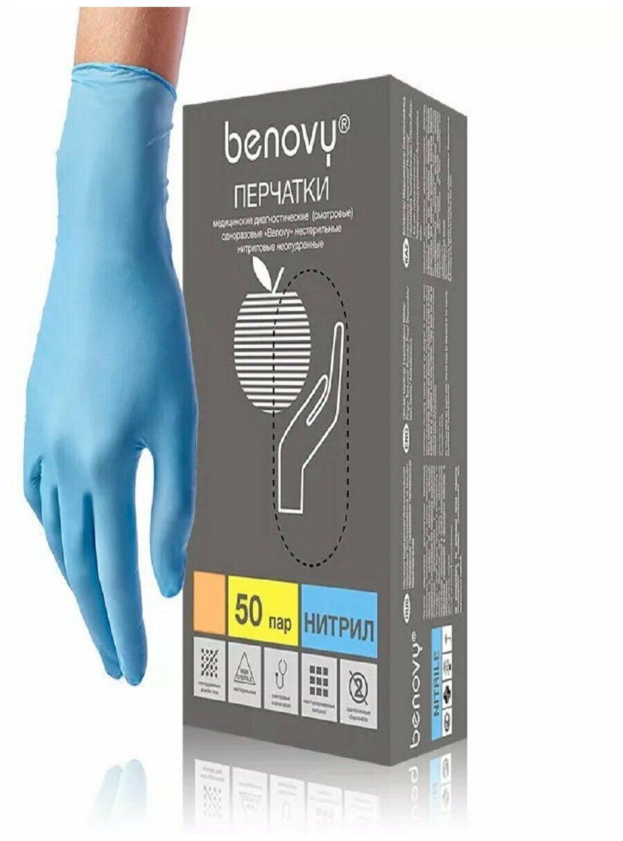 Перчатки Benovy нитриловые смотровые нестерильные текстурированные XL голубые (50 пар)