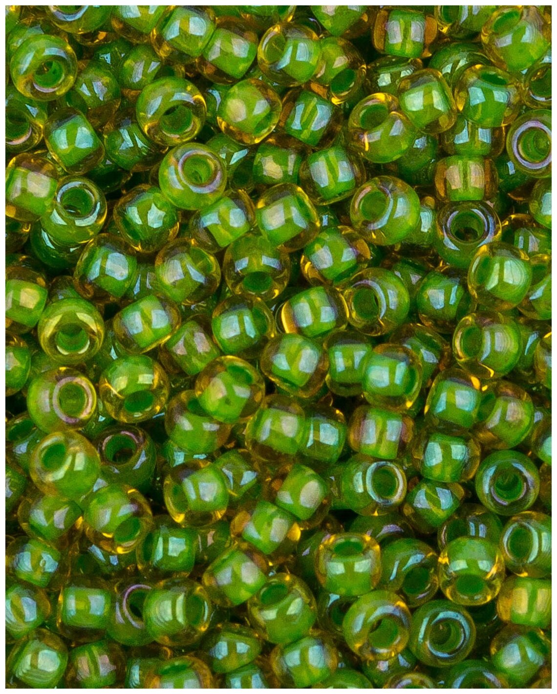 Японский бисер Toho, размер 11/0, цвет: Окрашенный изнутри топаз/непрозрачный зеленый (393), 10 грамм