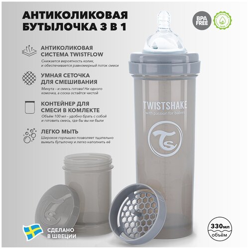 Детская антиколиковая бутылочка для кормления Twistshake,  330 мл, от 4 мес. Пастельный серый