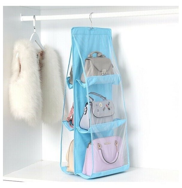 Органайзер подвесной двусторонний для сумок, синий / Органайзер для хранения сумок / Органайзер для одежды и обуви