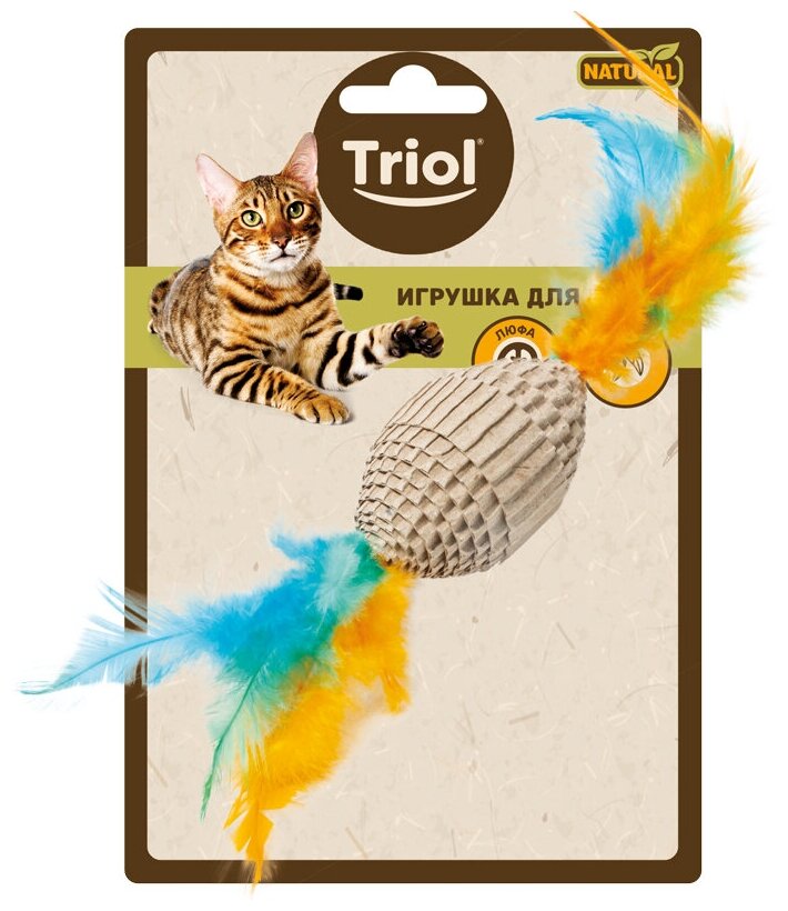 Triol NATURAL игрушка для кошек из гофрокартона "Мяч для регби с перьями", 60/190 мм - фотография № 2