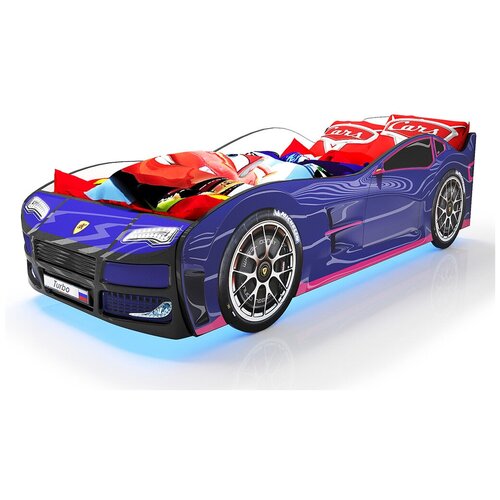 Кровать машина синяя с объемный бампером и матрасом Стандарт+ 160*70см