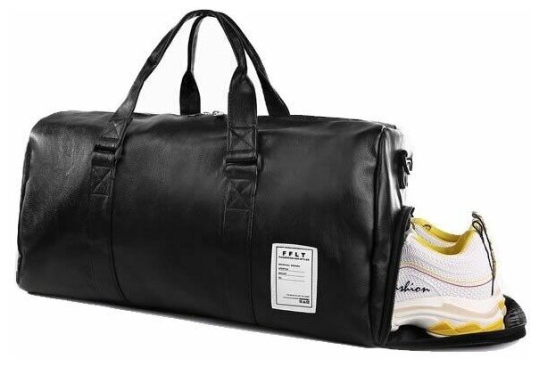 Спортивная сумка (черная) кожаная с отделением для обуви - фотография № 3