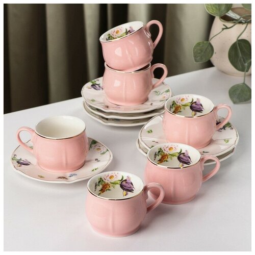 Сервиз кофейный керамический «Сирена», 12 предметов: 6 чашек 100 мл, 6 блюдец 12 см, цвет розовый