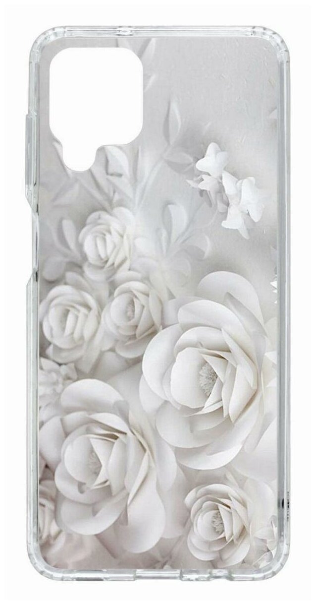 Чехол для Samsung Galaxy A12 Kruche Print White roses, пластиковая накладка, силиконовый бампер с защитой камеры, защитный прозрачный кейс с рисунком