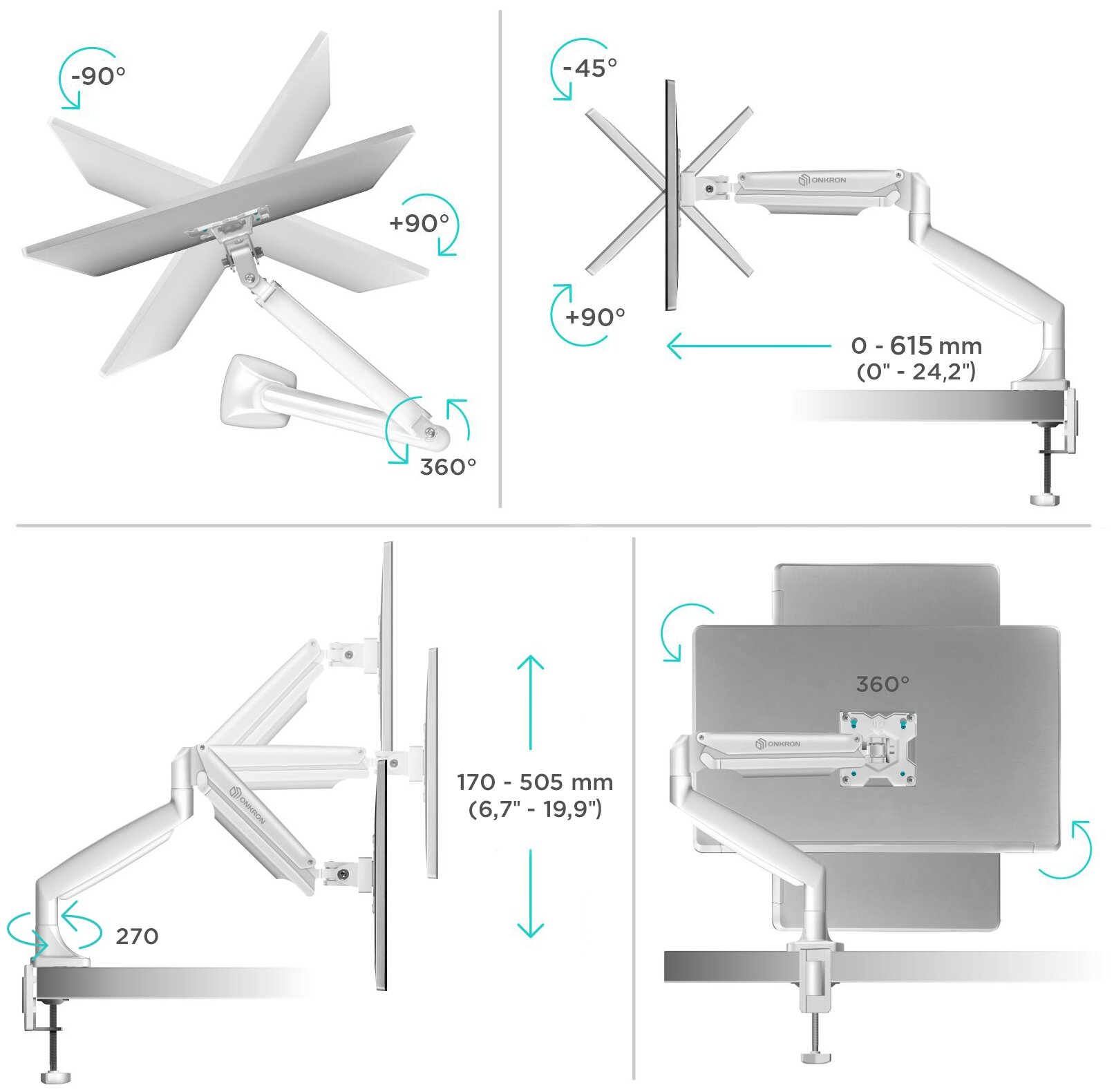 Кронштейн для мониторов ONKRON/ 13-32'' ГАЗЛИФТ макс 100*100 наклон -90?/+90?, поворот +-90°, 2 колена, от стены: до 525мм, крепление к столу 10-85мм, вес до 9кг, серебро - фото №12