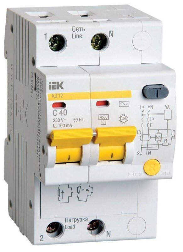 Выключатель автоматический дифференциального тока 2п C 40А 100мА тип AC 4.5кА АД-12 IEK MAD10-2-040-C-100 ( 1шт. )