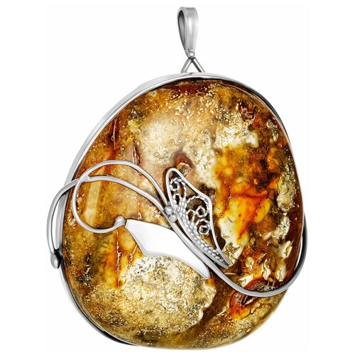 Amberholl Уникальная брошь-кулон из серебра и текстурного янтаря «Филигрань»