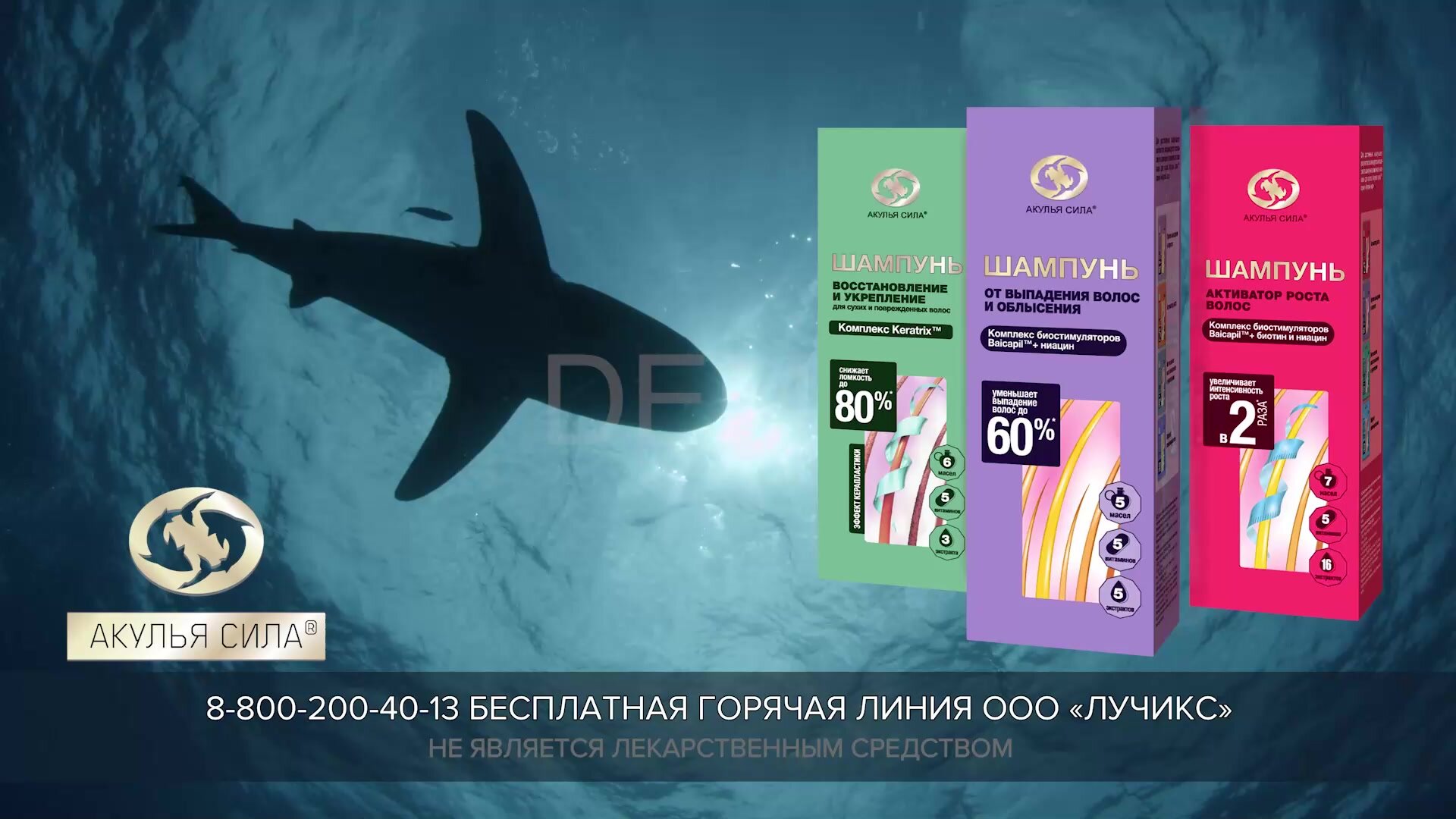 Акулья сила. Шампунь от выпадения волос и облысения. Акулий жир с комплексом биостимуляторов и Ниацином 200 мл. / Лучикс — фото 1