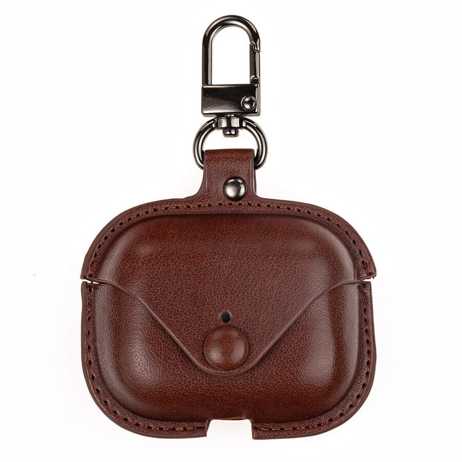 Чехол для наушников AirPods Pro ( на Аирподс Про ) на кнопке с карабином, эко кожа, темно-коричневый