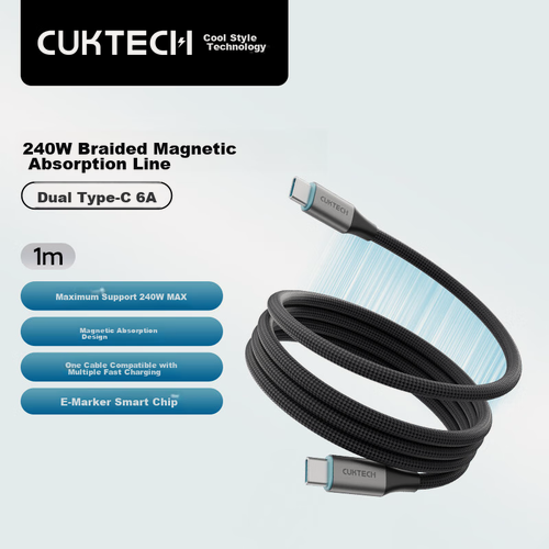 Изображение товара CUKTECH Magnetic Charging Cable, Type-C Data Cable, Ctc Braided, 240W Power, 6A Current, PD3.1 Fast Charging, Suitable for Apple 16/15/iPad/laptops/Xiaomi, 1m