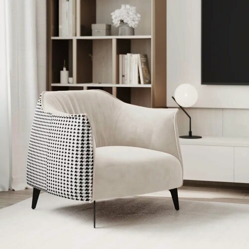 Изображение товара Кресло дизайнерское BELLO GRANDE из велюра. Цвет белый велюр, гобелен гусиная лапка. Размер 73x81x79 (д/ш/в)