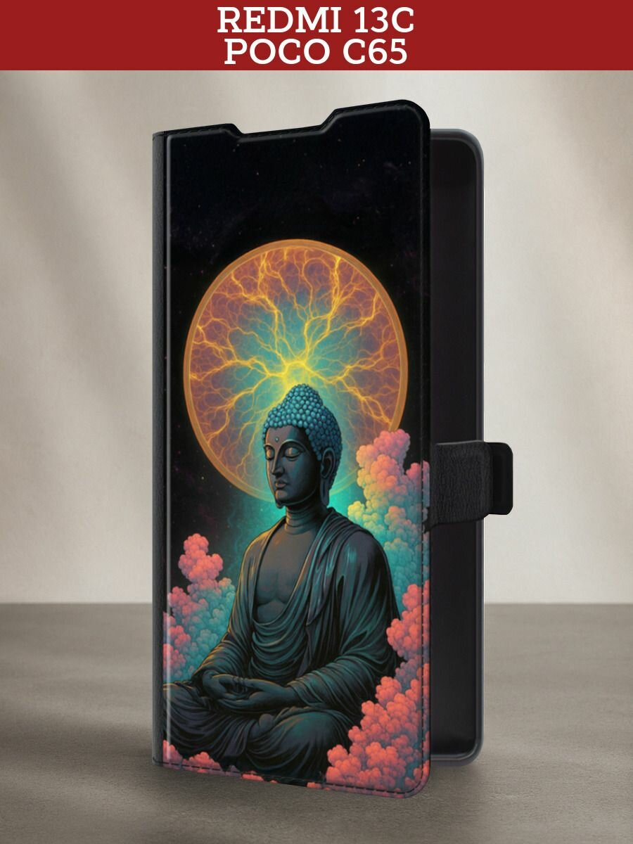 Чехол-книжка на Xiaomi Redmi 13C/Poco C65 / Сяоми Редми 13C/Поко С65 с принтом Монах медитирует, черный