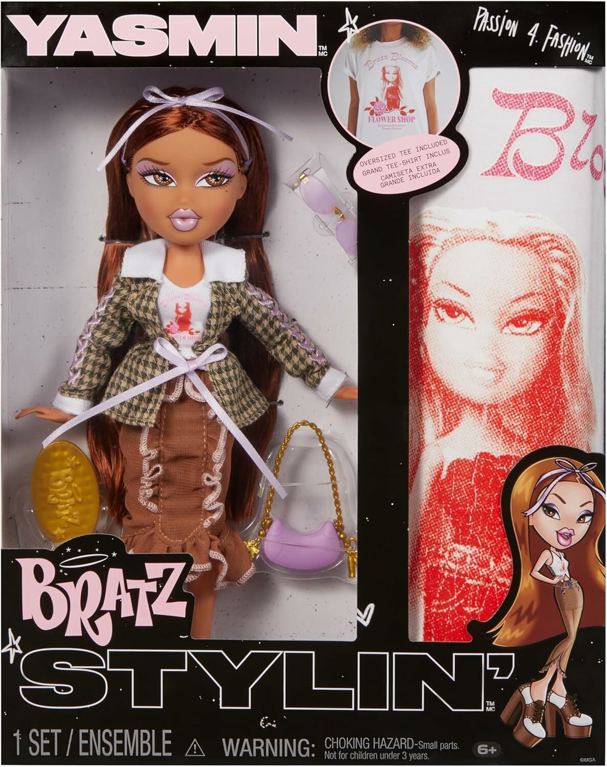 Bratz Stylin’ Yasmin, кукла + взрослая футболка XL для кастома, пальто, юбка, сумка, очки, расчёска