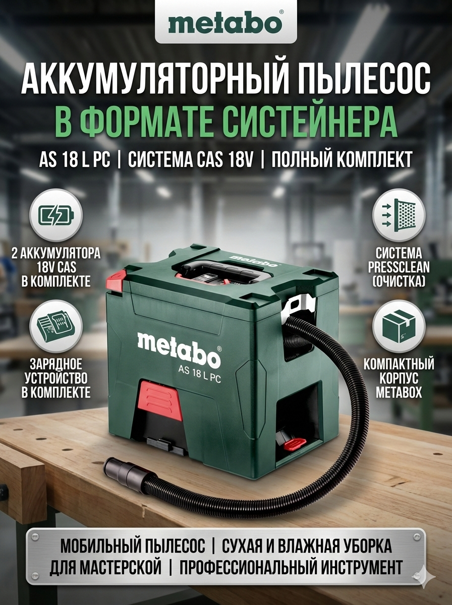 Пылесос Metabo AS 602021000, аккумуляторный, с 2 аккумуляторами и зарядным устройством