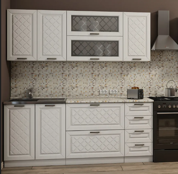 Кухонный гарнитур, кухня, готовый комплект Агава 2 м Акация белая горизонтальными дверцами