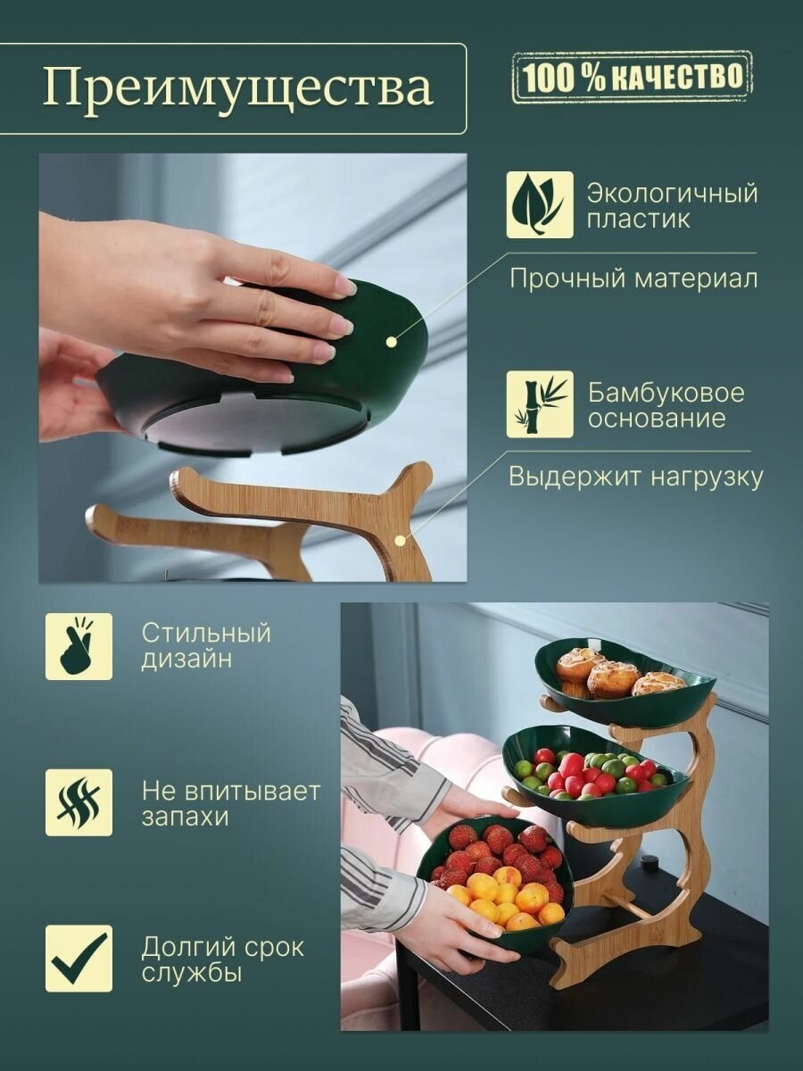 Фруктовница 3 ярусная/ этажерка деревянная/ ваза для фруктов /подставка для орехов, фруктов, сухофруктов и пироженное — фото 1