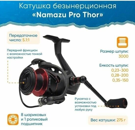 Катушка безынерционная Namazu Pro Thor TH3000 , 8+1 подш, металлическая шпуля +пластиковая шпуля