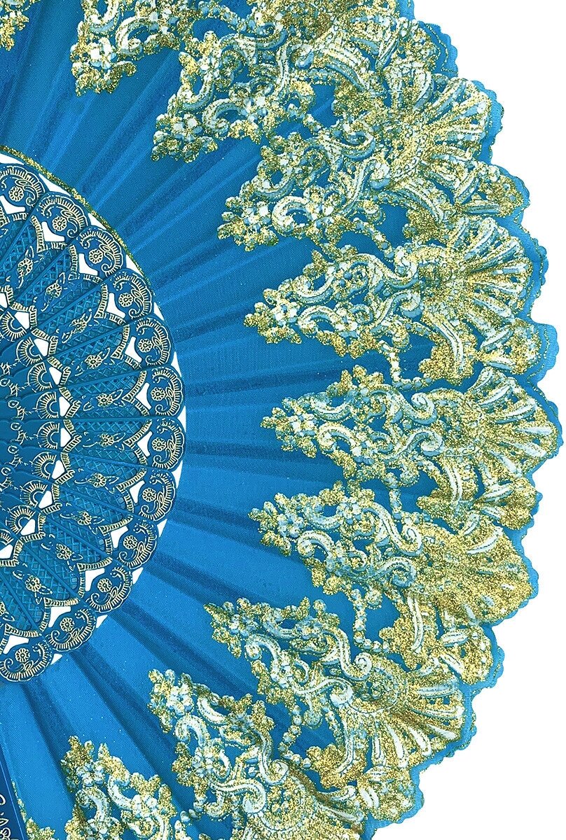 Веер складной пластмассовый тканевый ручной японский для восточных танцев с кисточкой для фотосессии синий - фотография № 3