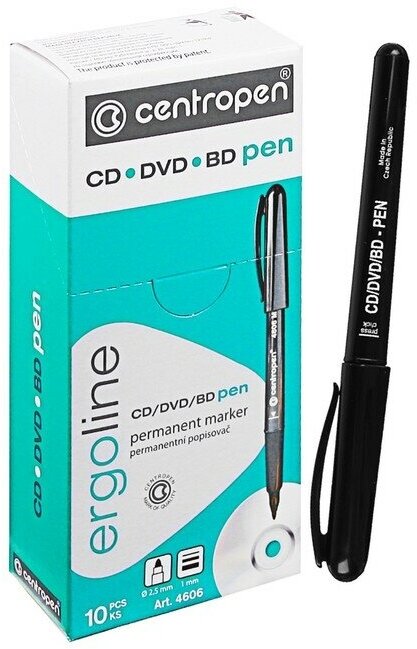 Mаркер для CD/DVD 2.5 мм Centropen 4606, линия 1 мм, цвет чёрный, 10 штук